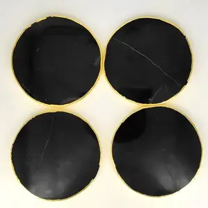 黑色玛瑙杯垫，镀金抛光黑色玛瑙切片圆形水晶杯垫，用于饮料装饰