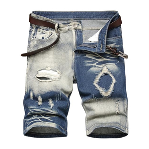 100% coton écologique décontracté bleu hommes Denim Shorts robuste taille moyenne coupe décontractée en détresse Style broderie Shorts - Product Image 1