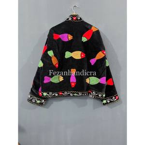 Veste courte bohème unisexe en velours avec doublure en coton et broderie florale ouzbèke pour femme, col montant, automne/hiver - Product Image 6