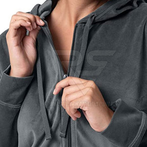 ชุดวอร์มแขนยาวของผู้หญิงผ้าคอตตอนผ้าโพลีเอสเตอร์100% สไตล์ถักแบบลำลองมีฮู้ดสีพื้น - Product Image 3