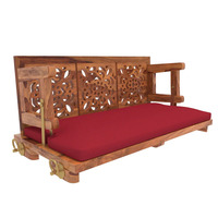 Banc suspendu convertible en bois avec coussin rouge, dossier sculpté moderne, pour intérieur/extérieur, villa, hôtel, salon