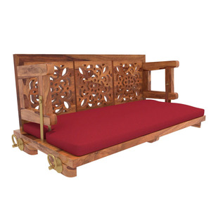 Wooden Hanging Swing <b>Bench</b> With Red <b>Cushion</b> Rustic Carved Backrest Indoor Outdoor Living Room Furniture Jhoola Design - Product Image 5