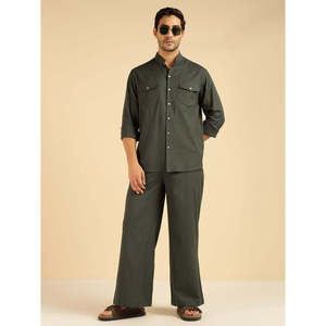 Amanush <b>Men's</b> Solid Cotton Co-Ord Set Mandrin Collar Full Sleeves Button Closer Shirt With Ankle Length Trouser Casual Wear - Product Image 1