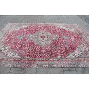 Vintage Turkish Rug, 8.3x12.6 ft Rug, <b>Red</b> Gray Abstract <b>Wool</b> Rug - Product Image 4