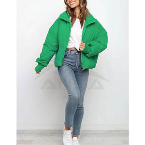Good Quality Cropped Oversized <b>Women</b> Puffer <b>Jacket</b> Quilted Puffy <b>Winter</b> Coat Casual <b>Warm</b> Outerwear Green Color - Product Image 2