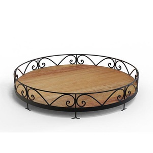 Round Tubular Metal Frame <b>Tray</b> <b>Plant</b> Pattern Wooden Base Standard Brown Black <b>Tray</b> for Home Decor Weddings for Storing Cookies - Product Image 3
