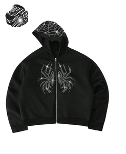 Sweat à capuche d'hiver unisexe de haute qualité personnalisé tendance Bling noir avec strass Full Zip Thermal Fleece 100% Cotton Service OEM - Product Image 3