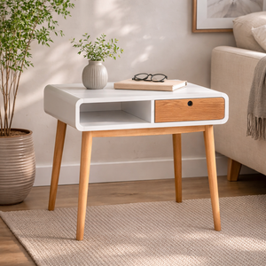 Escritorio Ecológico TACASA de Color Natural con Detalles Blancos, Convertible, Hecho de Madera de Caucho, MDF y Chapa de Fresno, Vietnam - Product Image 1