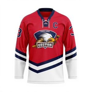 Maillot de hockey sur glace personnalisé, uniforme d'équipe sublimé professionnel, mascotte d'aigle, nom et numéro personnalisés, haut athlétique à lacets et col en V - Product Image 6