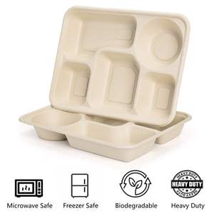 Assiettes jetables compostables en bagasse à 5 compartiments, biodégradables, en canne à sucre, écologiques, imperméables, robustes, pour l'école - Product Image 3