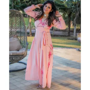 Exclusivo Vestido de Gala Bermuda Peach Pintado a Mano, Rayón, Mezclilla, Chifón, Estampado Sólido, Uso Diario - Product Image 4