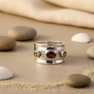 Bague Art Palace en argent 925 avec grenat géométrique, sertie clos, classique, minimaliste, unisexe, pour usage quotidien, avec pierre précieuse - Product Image 2