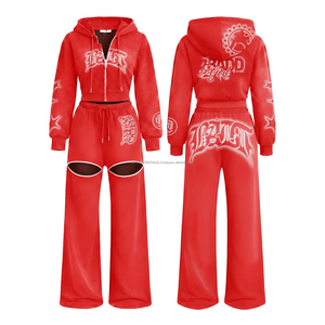 Conjunto de chándal de invierno para mujer con sudadera corta con cremallera y parches de logo, venta al por mayor - Product Image 5