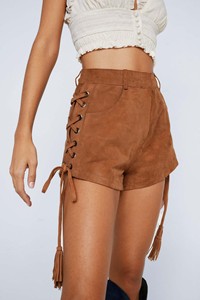 Pantalones cortos de cuero genuino de gamuza auténtica con cordones para mujer, pantalones cortos de cintura alta, muestra de marca, envío gratis, piel de cordero - Product Image 2