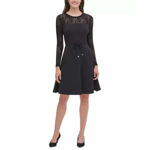 For Tommy for Hilfiger Women's Comfortable Fit & Flare <b>Dress</b> <b>Black</b> <b>with</b> <b>Lace</b>-<b>Sleeve</b> Size 14 - Product Image 1