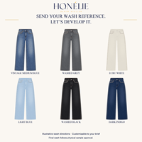 Jean large taille haute clouté pour femme, denim bleu moyen vintage, longueur intégrale, OEM ODM, marque privée, coupe personnalisée, lavage, vente en gros