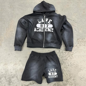 Custom Autumn Terry Print Sun Faded Sweatsuit Tracksuit Baggy Oversize Washed <b>Zip</b> <b>up</b> Sweat Distressed <b>Hoodie</b> Set - Product Image 2