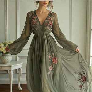 <b>Women</b> <b>s</b> Embroidered Chiffon Maxi Dress Deep V Long Sleeve Floral Gown Boho Elegant Evening Christmas New Year - Product Image 4