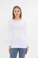 Camiseta de punto para mujer, blanca, de manga larga, cuello redondo, corte ajustado, transpirable, de viscosa y spandex, estilo minimalista, para todas las estaciones