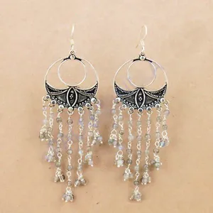 Boucles d'oreilles pendantes bohèmes pour femme, en argent tibétain, avec pampilles, motif lune en cristal et strass, finition argent antique - Product Image 2