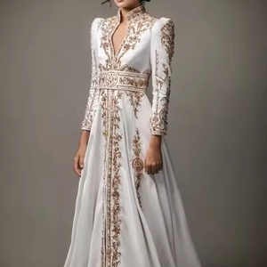 BEAUTIFUL & ELEGANT ZARI EMBROIDERY on WHITE CAFTAN DRESS WITH EMBELLISHED CRYSTAL GLASS <b>BEADS</b>,<b>THREADS</b>,PEARLS,DABKA WORK @ 2024 - Product Image 1