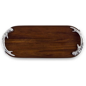 Plateau de service en bois d'acacia de qualité supérieure en gros avec poignées en aluminium nickelé en forme de bois de cerf pour la maison, l'hôtel et les événements, prix le plus bas - Product Image 1