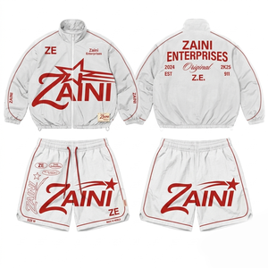 ZAINI Premium 120 GSM Polyester/Nylon Quick Dry Winter Hooded Short Set White <b>Red</b> Panel Front Logo Custom Sportswear - Product Image 1