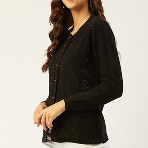 Women's V Neck Pullover Sweater with Front Logo Placement Knitted Weaving Method - Product Image 3