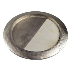 Bandeja de Servicio Redonda y Elegante con Acabado Plateado, Diseño de Metal y Mármol, para Alimentos, Decoración de Restaurantes, Hoteles y Hogar - Product Image 1