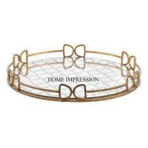 Marco de metal de diseño de flores y hojas chapado en oro de alta calidad de aluminio fundido con forma redonda bandeja de espejo de vidrio - Product Image 5