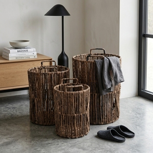 Juego de Cestas de Almacenamiento de Corteza de Plátano Natural con Estructura de Hierro, Cesto de Ropa Vertical Abierto con Rejilla de Listones, Cilíndrico, Decoración Artística Pura, Artesanía - Product Image 4