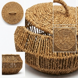 Panier rond en jonc de mer et jacinthe d'eau tressé à la main avec couvercle, organiseur de rangement, pot décoratif, décoration artistique pure pour la conception d'intérieur - Product Image 2