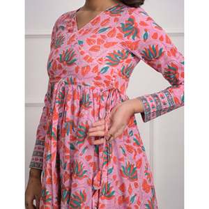 Robe longue rose en coton imprimé Angrakha, taille empire, style bohème décontracté, respirante, longueur ras du sol, pour femme de bureau, taille XL, ODM - Product Image 3
