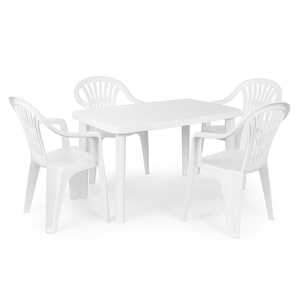 Tavolo ovale e 4 poltroncine in plastica bianca con foro centrale per ombrellone impilabile Set da pranzo per uso giardino - Product Image 1