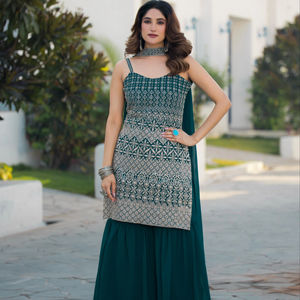 Traje elegante de verano de estilo tradicional indio para mujer vestido Sharara bordado con Salwar Kameez y Dupatta trabajado para mujeres - Product Image 1