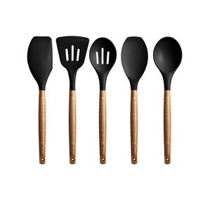 Non-Stick Silicone Cooking <b>Utensils</b> <b>Set</b> with Natural Acacia Hard Wood Handle 5 Piece (Black) - Product Image 1