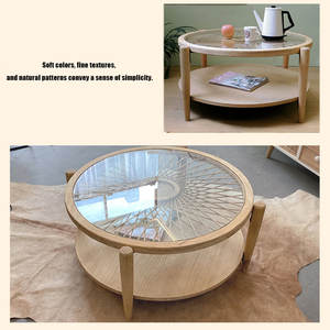 Table basse ronde avec verre trempé, rotin, bambou, bois massif manufacturé, design élégant - Product Image 6