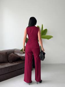 Ensemble de costume sans manches pour femme, couleur bordeaux, boutons sur le devant, pantalon élégant, tenue d'automne, coupe classique, tissu satiné - Product Image 2