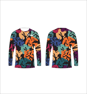 T-shirt à manches longues personnalisé par sublimation, imprimé abstrait multicolore, col rond, vêtements de sport haute performance, collection Ferocious, vente en gros - Product Image 1