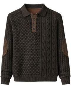 Suéter Polo de Punto Trenzado con Textura Mixta Personalizado para Hombre, Manga Larga, Cuello con Botones, Jersey de Invierno con Parche en el Codo en Color Marrón Oscuro - Product Image 1