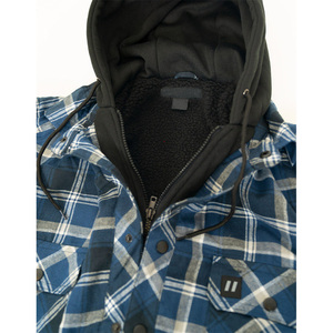 Wholesale Unisex Oversized Long Sleeve Blue Hooded Sherpa Lined <b>Flannel</b> Shirt <b>Jacket</b> for Men - Product Image 4