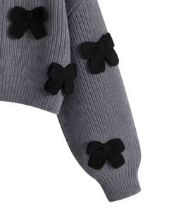 Customized Women Dark Grey Cropped Knit <b>Cardigan</b> Sweater <b>With</b> Black Bow Applique V Neck Button Front Cute Winter Fashion Top - Product Image 5