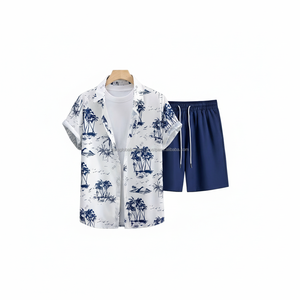 Ensemble imprimé tropical personnalisé pour homme - Chemise à manches courtes à motif de palmiers blancs et short bleu, tenue d'été en 2 pièces - Product Image 6