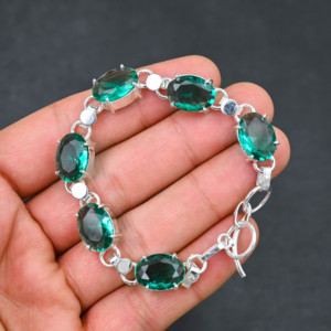 Pulsera Unisex de Lujo con Apatita Verde Creada en Laboratorio, Plata de Ley, Corte Ovalado de 10x14 mm, 5 Piedras, Ajustable de 7 a 8 Pulgadas, Elegante y Hecha a Mano - Product Image 5