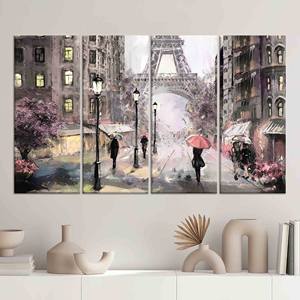 Lienzo Impreso: Pintura de la Torre Eiffel - Escena de París en un Día Lluvioso, JUEGO DE 4 LIENZOS - Product Image 1