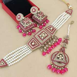 Conjunto de joyería nupcial tradicional india, collar de Gargantilla, pendientes Jhumki y Maang Tikka, boda étnica y ropa festiva para mujer - Product Image 3