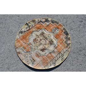 Alfombra de área de lana turca Vintage 2,8 X 2.8ft naranja Beige diseño de retazos tejido plano área grande para decoraciones de sala de estar látex - Product Image 2