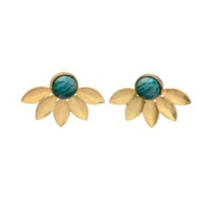 Elevate Your Style with the Green Onyx Marvel Gemstone Brass Gold Plated Flower Shape Stud <b>Earrings</b> - Product Image 1
