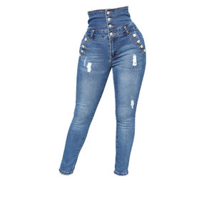 Jeans skinny décontractés pour femmes, taille haute, multi-boutons, pantalon à chevilles élastiques, pantalon crayon en tricot, technique de lavage - Product Image 3