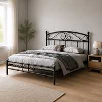 Cadre de lit en métal noir, taille double, avec tête de lit décorative à motifs, lattes de support robustes pour chambre à coucher et hôtel